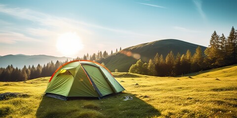 Wall Mural - AI Generated. AI Generative. Outdoor nature camping tent on grass. Adventure rest background. Can be used for countryside hiking tour promotion