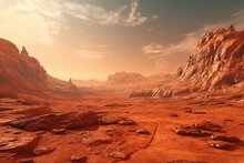 3D Illustration Of Orange-red Eroded Mars Surface On A Science Fiction Background. Generative AI