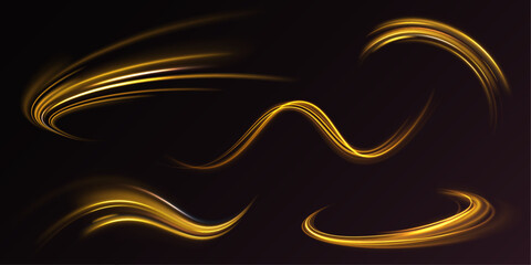 Wall Mural - Shine magic gold swirl with flare sparkles. Curved yellow line light. Long exposure light painting photography, curvy lines of vibrant neon metallic yellow gold against a black background.