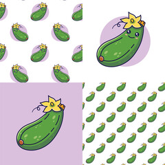 Wall Mural - Set of Cute Kawaii Zucchini patterns. Food vegetable flat icon. Cartoon Zucchini seamless pattern, doodle style. Vector hand drawn illustration. Patterns for kids clothes. Zucchini patterns collection