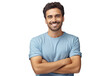 Picture of a young white European man, isolated against a gray backdrop, wearing a blue t-shirt and standing with his arms crossed and a broad grin on his face isolated on transparent background PNG