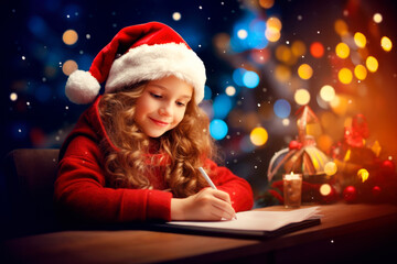 Wall Mural - christmas girl in santa hat writing wish list 