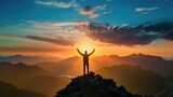 Fototapeta Fototapety z mostem - Silhouette of business male stand and feel happy on the most hight at the mountain on sunset, success, leader, teamwork, target, Aim, confident, achievement, goal, on plan, finish, generate by AI