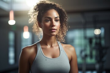 Sticker - Woman athlete in the gym. Portrait with selective focus and copy space