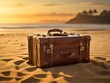 Una maleta vintage descansa en la orilla arenosa, con sus correas de cuero desgastadas por años de viaje