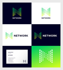 Poster - Letter N. Network symbol. N monogram consist of green dots.  Identity. Business card.