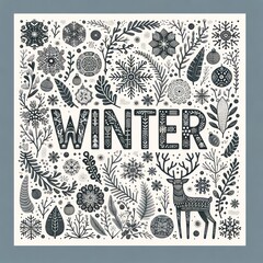 Wall Mural - A stunning winter wonderland captured in a striking print, where a majestic deer dances amidst delicate snowflakes in a bold and imaginative design of black and white art