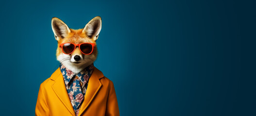 Wall Mural - Cool looking fox wearing funky fashion dress - jacket, shirt, dark shades sunglasses. Wide banner with copy space on side. Stylish animal posing. Generative AI