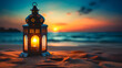 Une lanterne orientale avec une bougie posée sur une plage. En arrière plan, la mer avec un coucher de soleil. 
