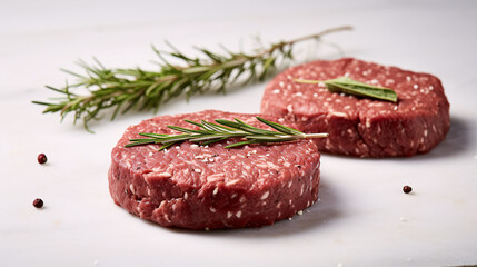 Wall Mural - Two uncooked hamburger patties flavoured with thyme and rosemary on a white base, embodying a modern culinary idea.