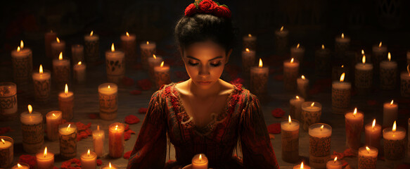 young woman in a red dress and red flowers in dark hair sitting among burning candles at night on holiday Day of the Little Candles dia de las velitas traditional colombian holiday