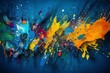 Colorful paint splashing on a blue wall in a vibrant display of expression. Generative AI