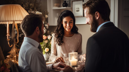 Wall Mural - A delighted couple meeting a wedding planner to discuss their dream ceremony.