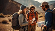 A group of friends meeting with a tour guide to plan an adventurous expedition.