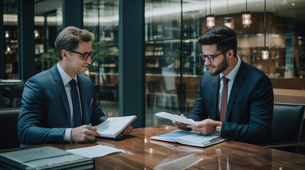 Sticker - A young entrepreneur meeting with a patent attorney both smiling as they protect their innovative ideas.