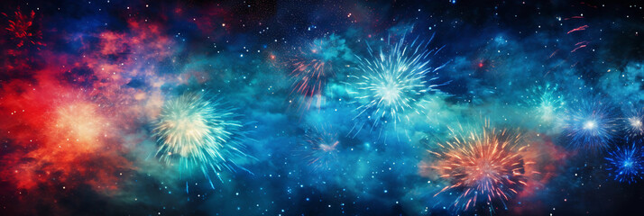 Wall Mural - fireworks display, abstract, color explosion in the night sky, palette of blues, greens, and reds