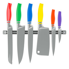Poster - Kitchen knives with colored handles on magnetic holder, 3D rendering isolated on transparent background