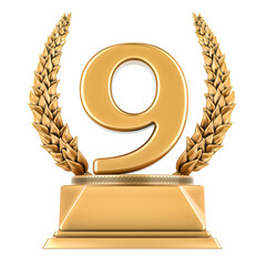 Poster - Nine 9 golden place trophy cup, 3D rendering isolated on transparent background