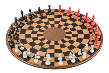 Poster - 3 player chess set with round, circular board. 3d rendering isolated on transparent background