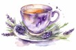 Watercolor Hot Earl Grey Lavender Tea Cup on White Background. AI generated