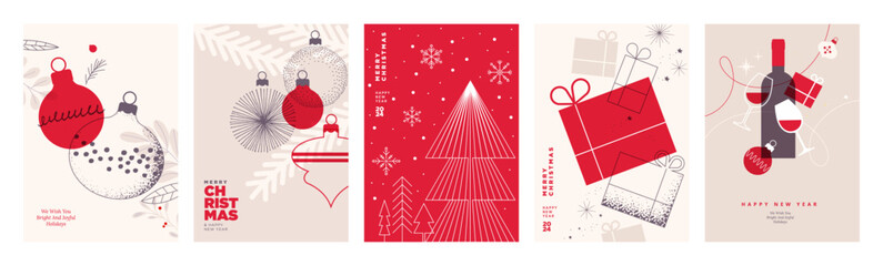 Wall Mural - Merry Christmas and Happy New Year greeting card template. Vector illustrations for background, greeting card, party invitation card, website banner, social media banner, marketing material.