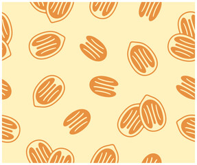 Wall Mural - Pecan nut, nutty, plant, food and meal, seamless vector background, pattern. Fruit, kernel, seed, nourishment, nature, eating and eat, vector design and illustration