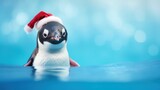 A penguin emerges from the water with a red and white Christmas cap on its head.