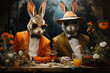 Funny art drawing of two rabbits with smokey glasses and coat and bow ties.