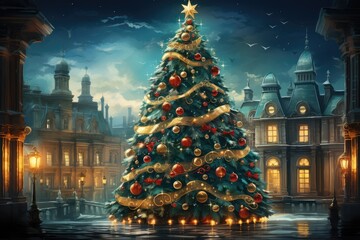 Large Christmas tree in the square of the ancient medieval town. Illustration for New Year's card