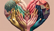 Herz aus vielen Händen. Harmonie und Zusammenhalt und Respekt durch Integration und Toleranz zwischen ethnischen Gruppen unterschiedlicher Herkunft alle sind gleich Generative AI 