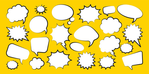Wall Mural - Comic speech bubbles. Outline, hand drawn retro cartoon stickers on yellow background. Chatting and communication, dialog elements. Pop art style. Vector illustration