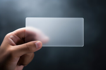 Man holding plastic transparent empty card. Mockup.