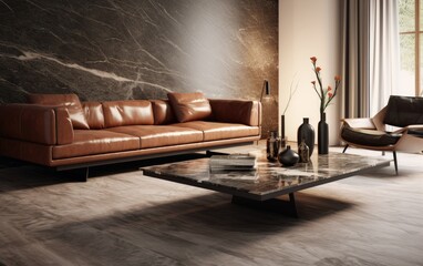 Wall Mural - A complete modern style living room with a table in the center and leather sofa