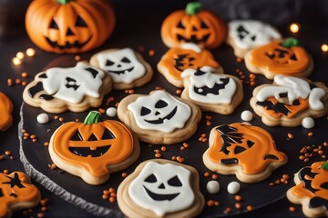 Wall Mural - Festive Treats: A Playful Plate of Halloween Jack-o'-Lantern Cookies, Perfectly Baked and Decorated to Add Spooky Delight to Your Celebrations