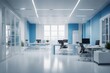 © FrameFinesse - Modern white and blue open space office interior for background image