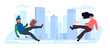 Slippery road in winter. Man and woman slip and fall on ice. Young people careless walking down street. Pedestrians glide on frozen road. City buildings and pathway. png concept
