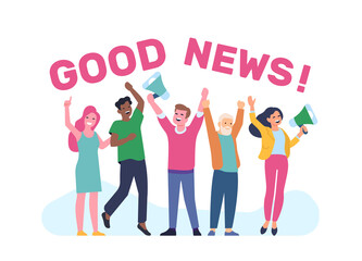 People of different nationalities rejoice in good news. Positive announce. Men and women group with megaphones. Multiethnic persons. Event celebration. Lettering phrase. png concept