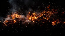 Isolated Fire Particle Debris Set Against A Black Background, Providing Ample Space For Text Or Additional Elements. This Composition Has A Cinematic Film Effect