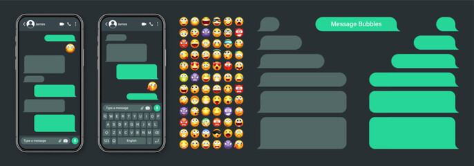 Wall Mural - Smartphone messaging app, user interface with emoji. SMS text frame. Chat screen, green message bubbles. Texting app for communication. Social media application. Dark mode. Vector illustration