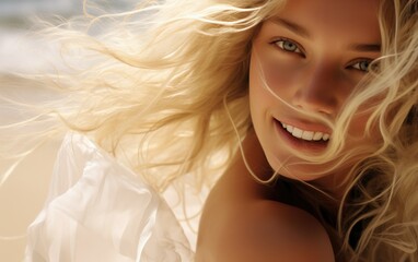 Wall Mural - Stunning beauty of a blonde woman on a white sand beach