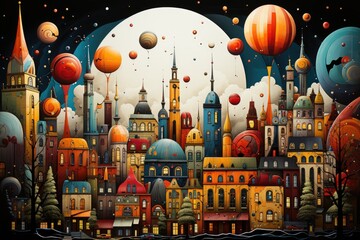 Wall Mural - A painting of a city at night with a full moon. AI image.