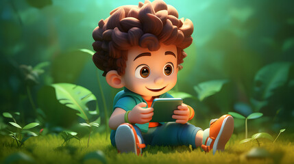 Wall Mural - boy playing video games on mobile 3d render