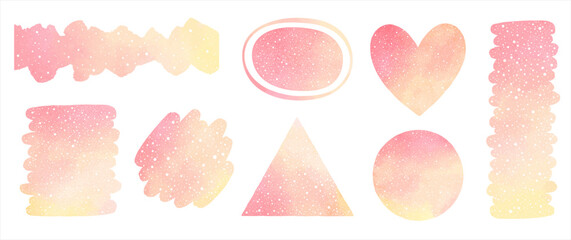 Poster - Watercolor vector rose yellow snow backgrounds, shapes collection. Brush strokes, heart, triangle, uneven stripe, circle with spray, hand drawn dots texture. Graphic design elements set, borders.