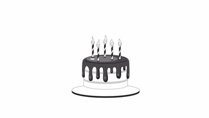 Poster - Birthday cake lit candles bw 2D object animation. Happy birthday dessert jumping outline cartoon 4K video, alpha channel. Celebration. Chocolate cake animated element isolated on white background