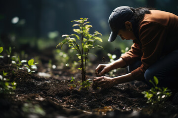 Poster - A person planting a tree with a group of volunteers from various nations, highlighting environmental conservation and global cooperation. Generative Ai.