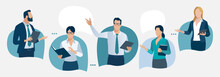 Discussion. Communication Concept. Business People Talking Standing In The Speech Bubbles. Vector Illustration. 