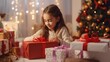 © Generative Professor - Joyous Christmas moments captured: Young Girl opens Christmas presents with beauty and excitement.