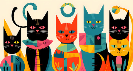 Wall Mural - cat family figurative cubist painting