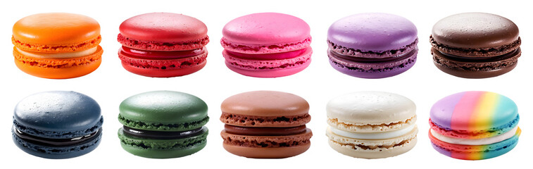 Wall Mural - Macaroon Macaron, front view on transparent background cutout, PNG file. Many assorted different colours. Mockup template for artwork