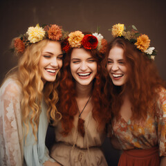 Three beautiful happy women, with flowers headband, three girls laughing and having good time